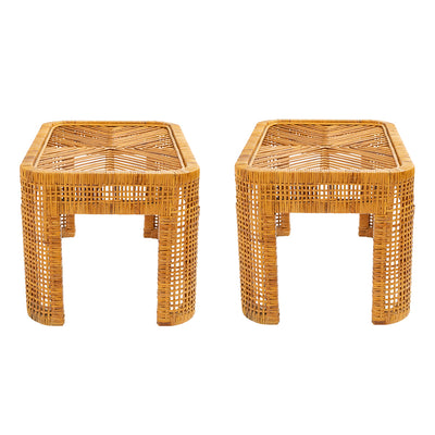 Pair of Woven Rattan Tables with Glass Tops