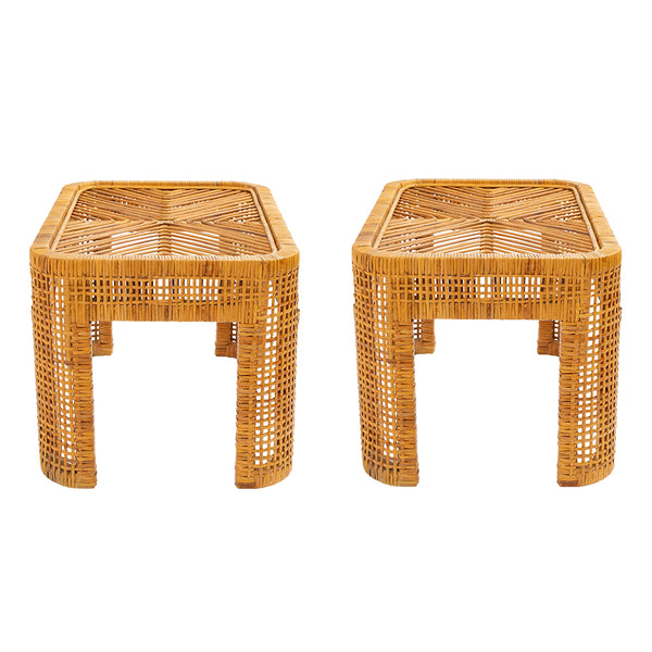 Pair of Woven Rattan Tables with Glass Tops