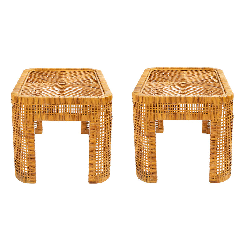 Pair of Woven Rattan Tables with Glass Tops