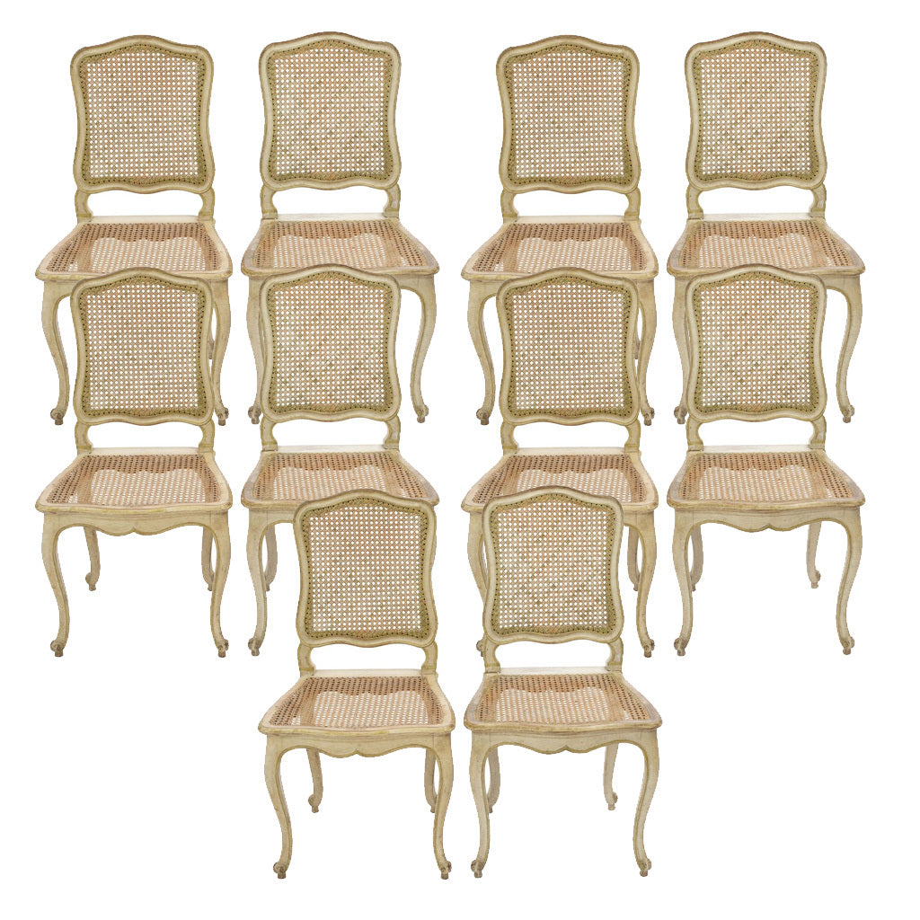 Set of 10 Louis XV Style Dining Chairs with Caned Seats