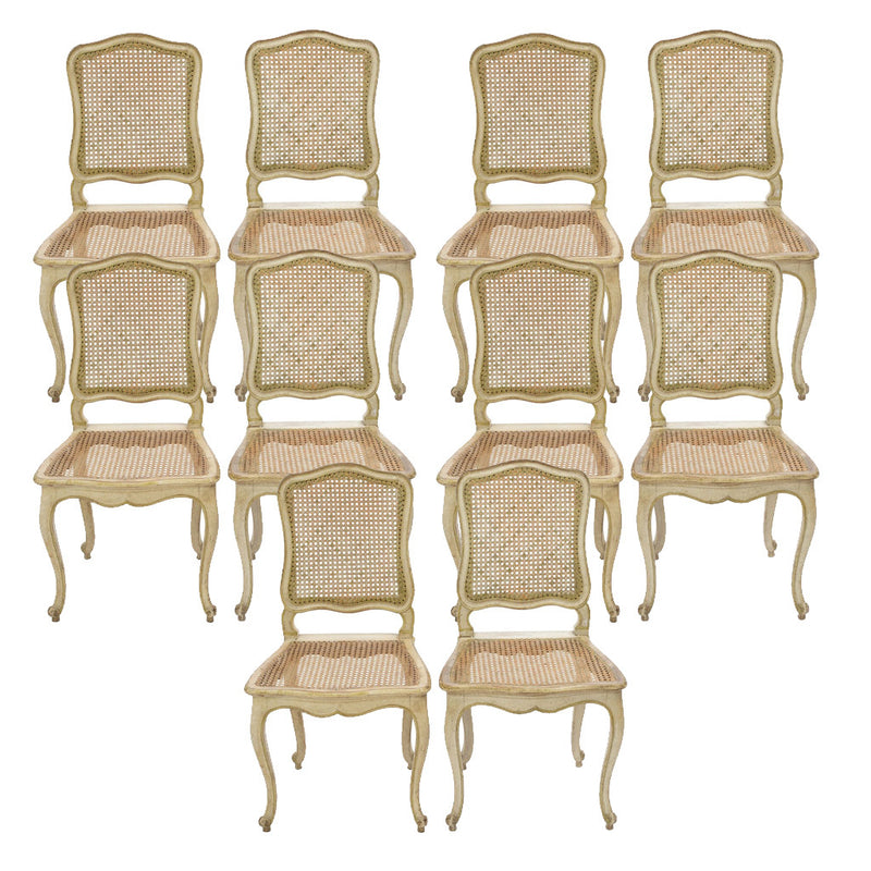 Set of 10 Louis XV Style Dining Chairs with Caned Seats