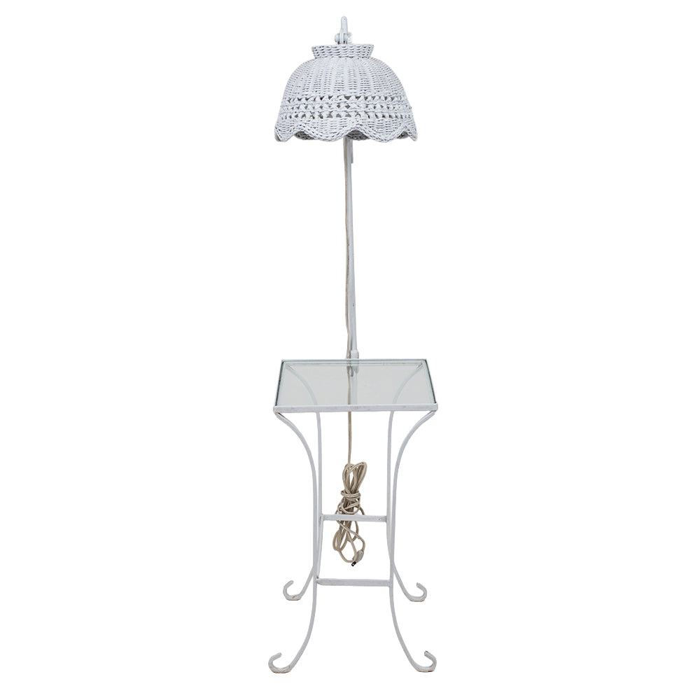 White Wicker Lamp with Wrought Iron and Glass Side Table