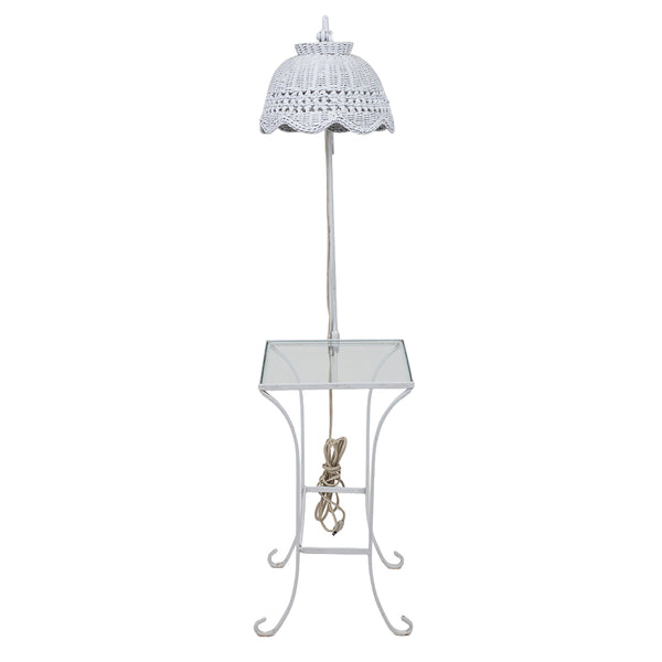 White Wicker Lamp with Wrought Iron and Glass Side Table
