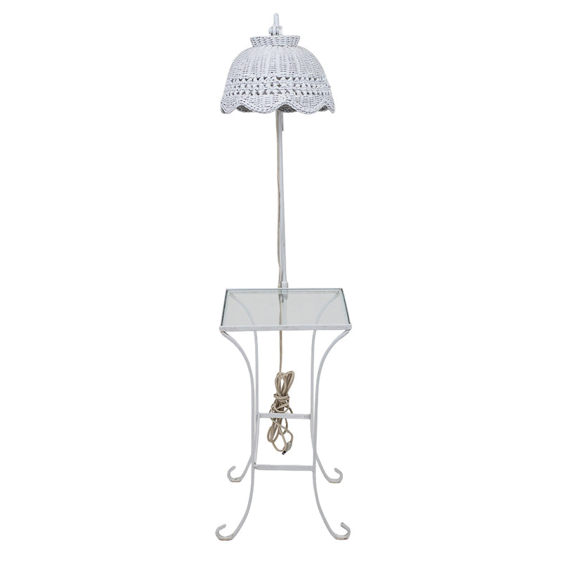 White Wicker Lamp with Wrought Iron and Glass Side Table