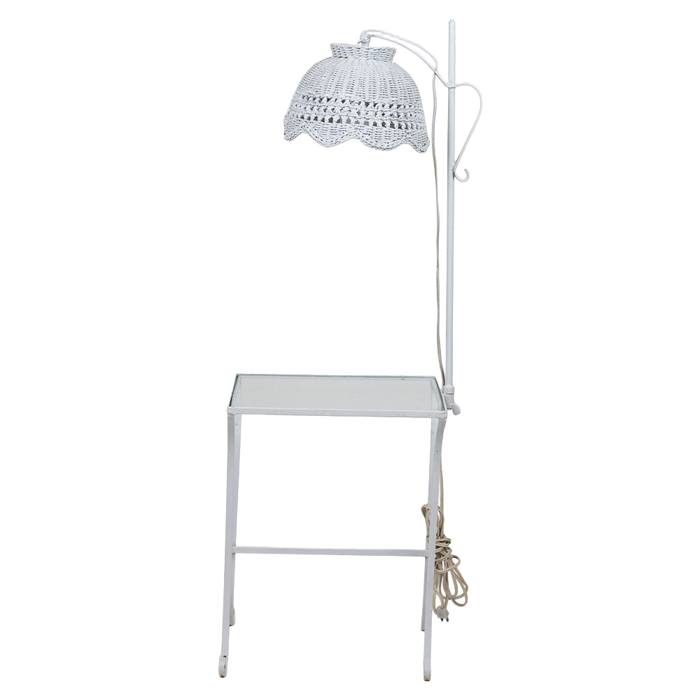 White Wicker Lamp with Wrought Iron and Glass Side Table