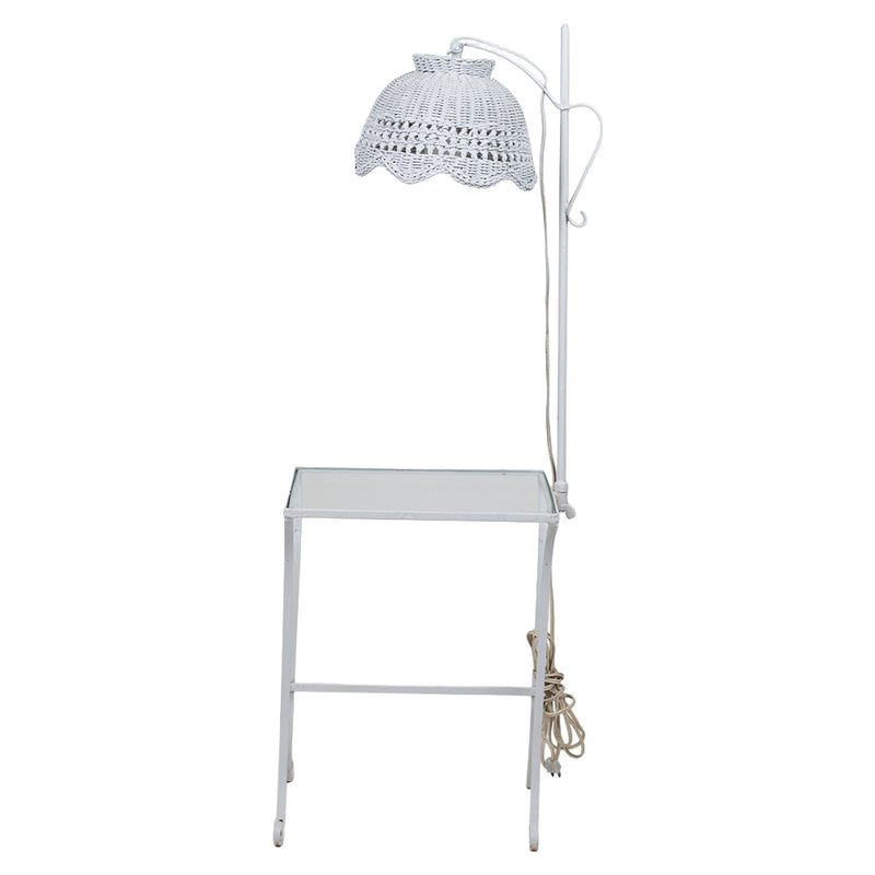 White Wicker Lamp with Wrought Iron and Glass Side Table