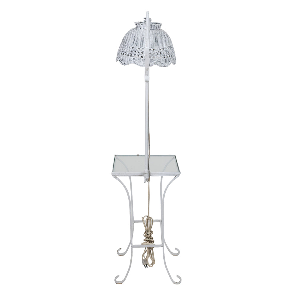White Wicker Lamp with Wrought Iron and Glass Side Table