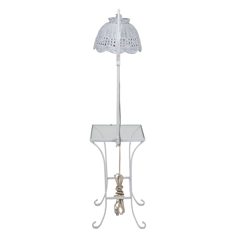White Wicker Lamp with Wrought Iron and Glass Side Table