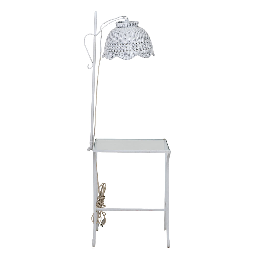 White Wicker Lamp with Wrought Iron and Glass Side Table