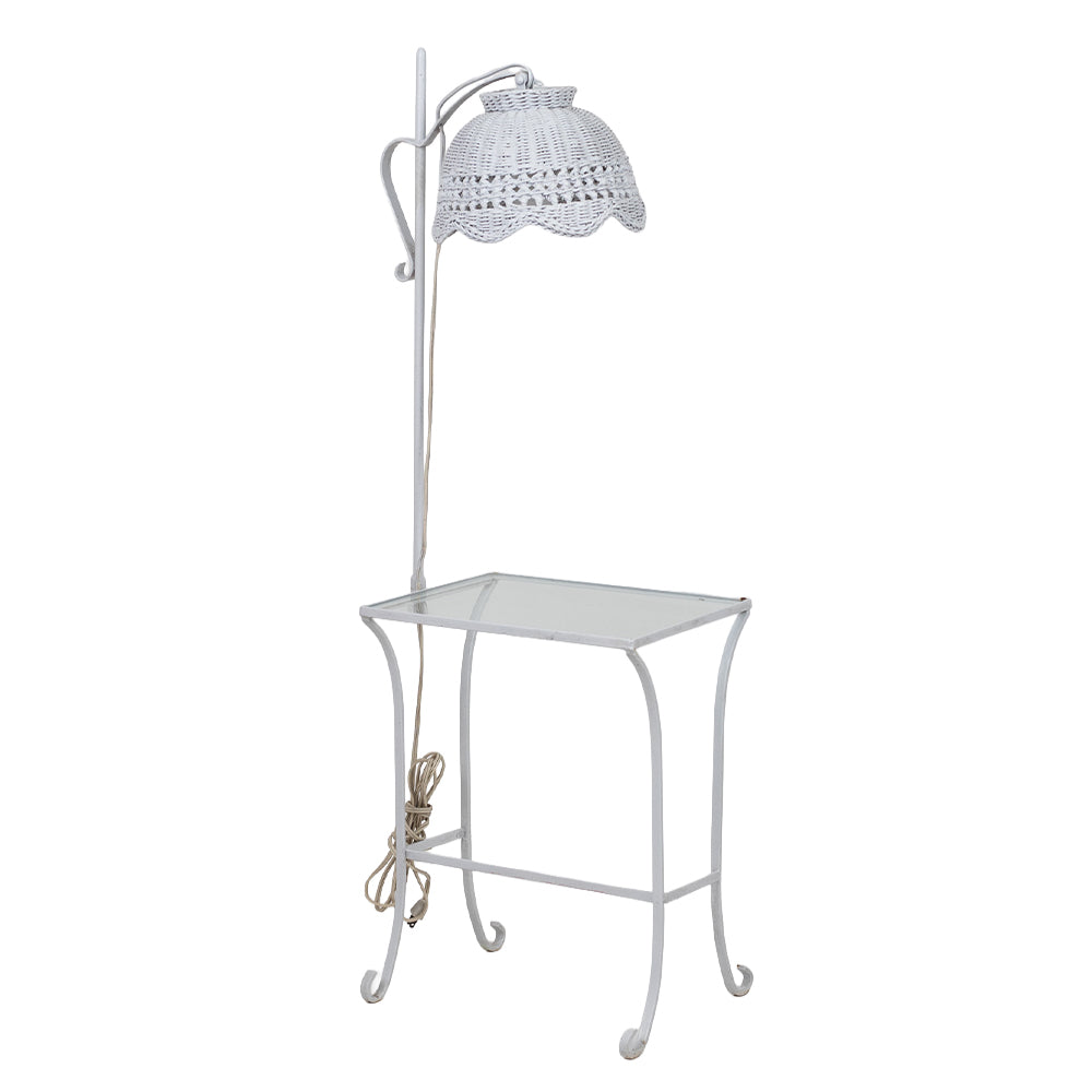 White Wicker Lamp with Wrought Iron and Glass Side Table
