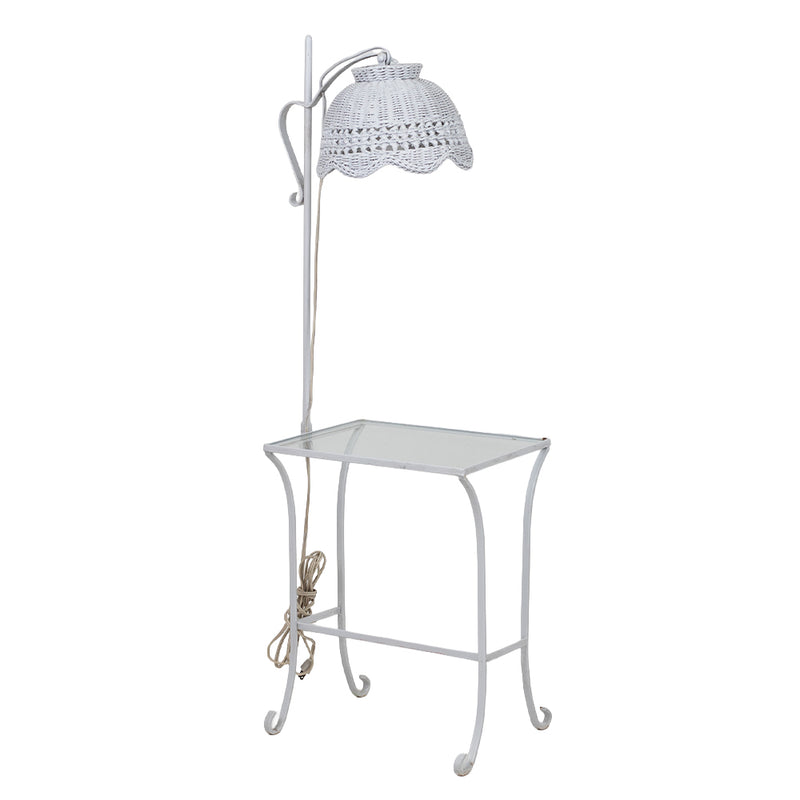 White Wicker Lamp with Wrought Iron and Glass Side Table