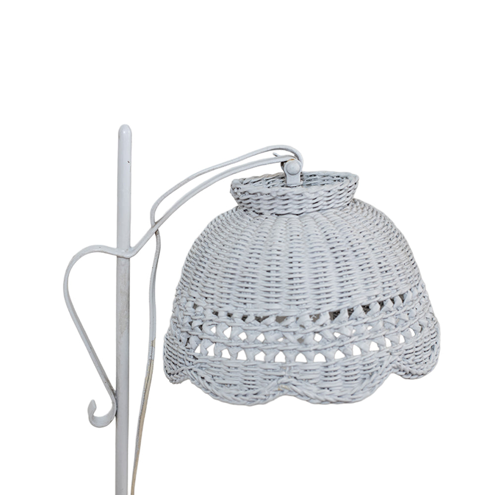 White Wicker Lamp with Wrought Iron and Glass Side Table