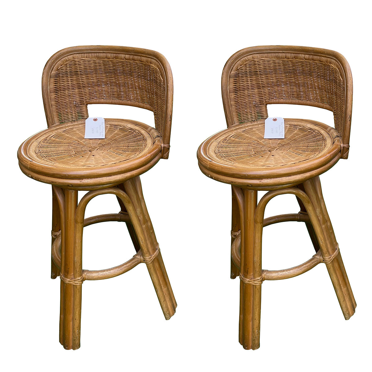 A Pair of Vintage Woven Rattan and Bamboo Stools