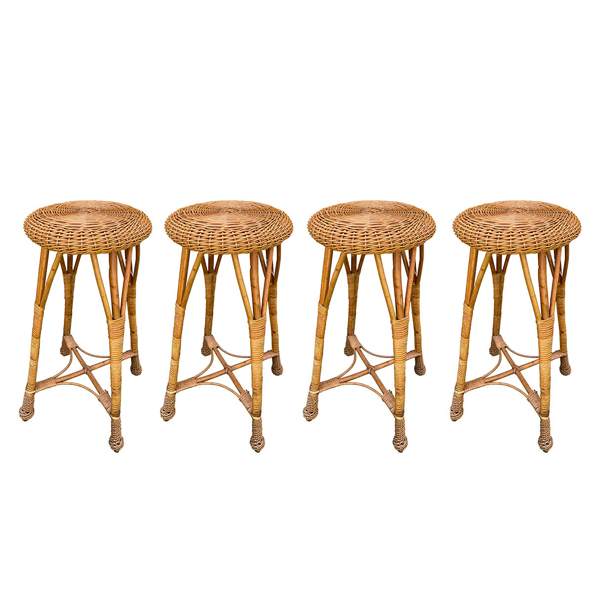 A Set of Four Vintage Wicker Barstools