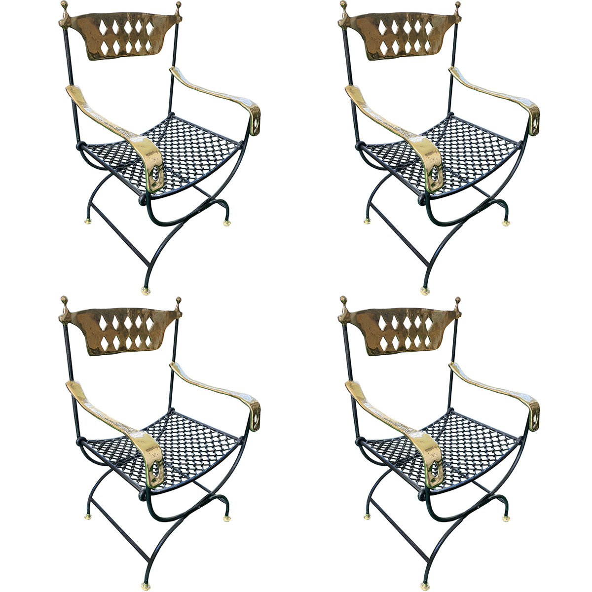 A Set of Four Exceptional Hand-Wrought Iron and Gilt Brass Chairs