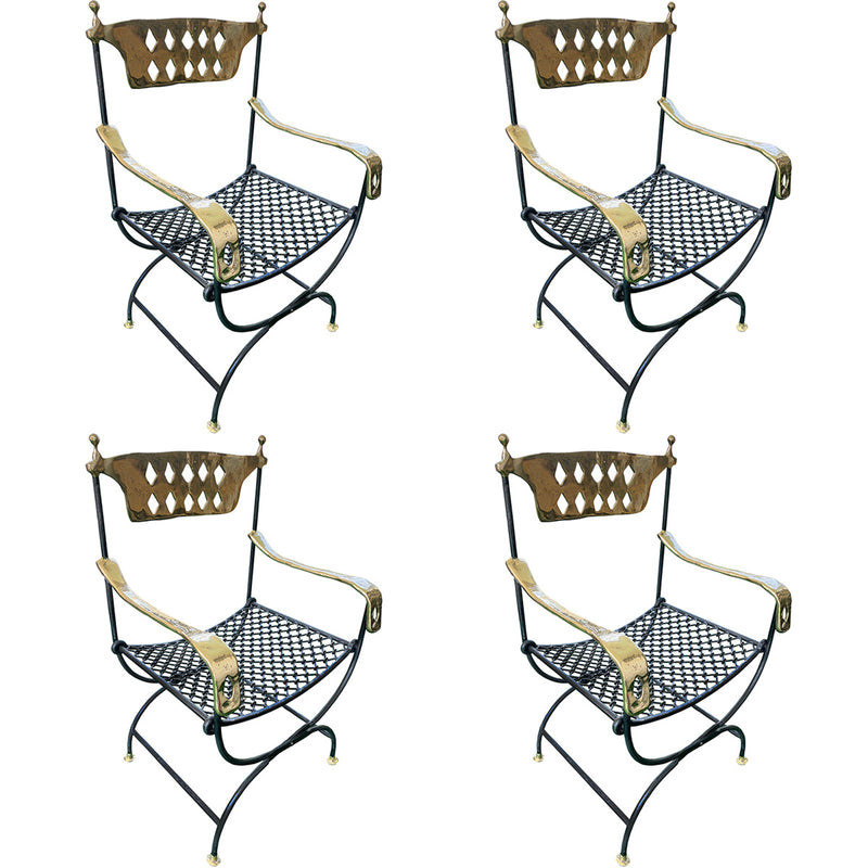 A Set of Four Exceptional Hand-Wrought Iron and Gilt Brass Chairs