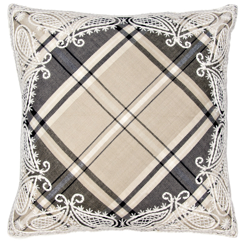 Hand Embroidered Linen Wool Branca Tartan Pillow