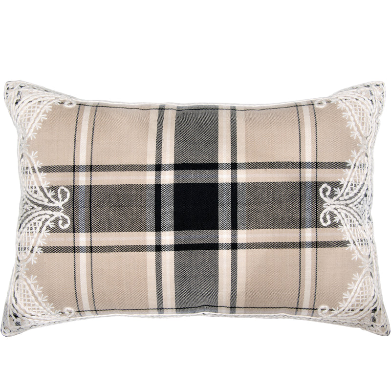 Hand Embroidered Linen Wool Branca Tartan Lumbar Pillow