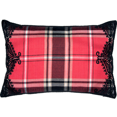 Hand Embroidered Linen Wool Branca Tartan Lumbar Pillow