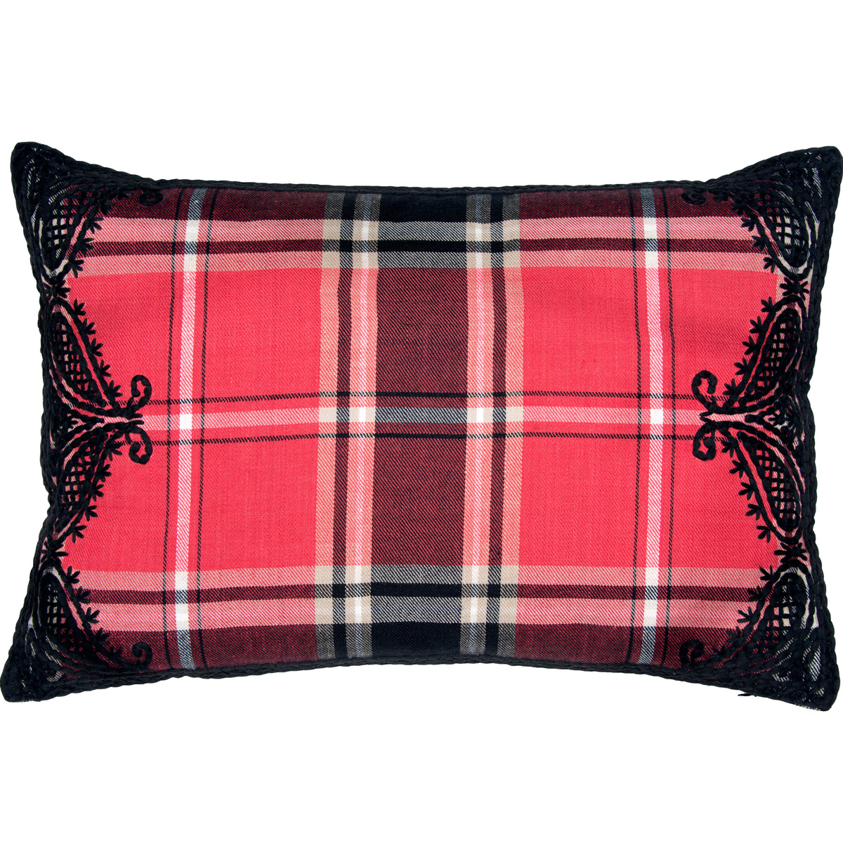 Hand Embroidered Linen Wool Branca Tartan Lumbar Pillow