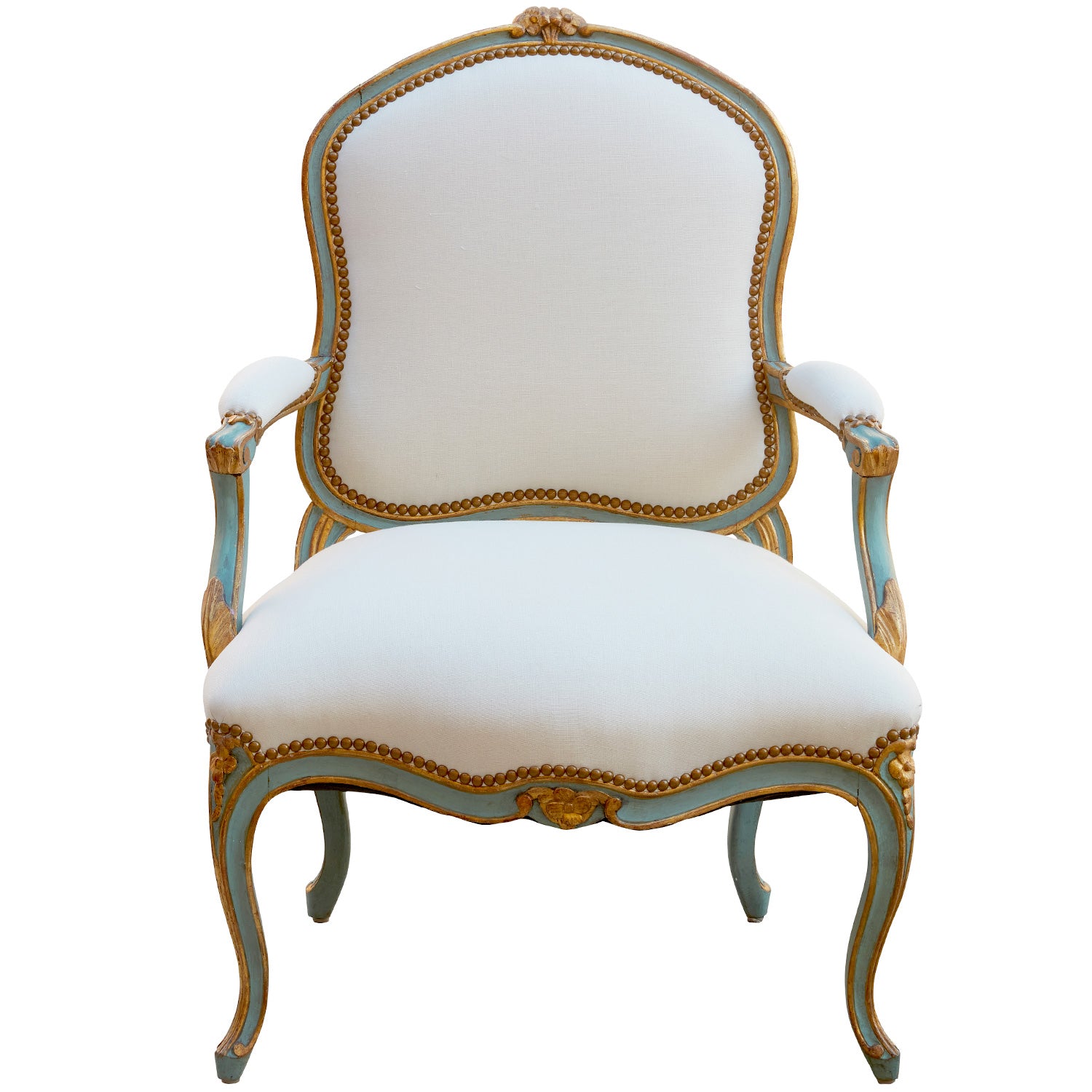 Pair of 18th Century Genoese Rococo Partial Gilt and Painted Fauteuils