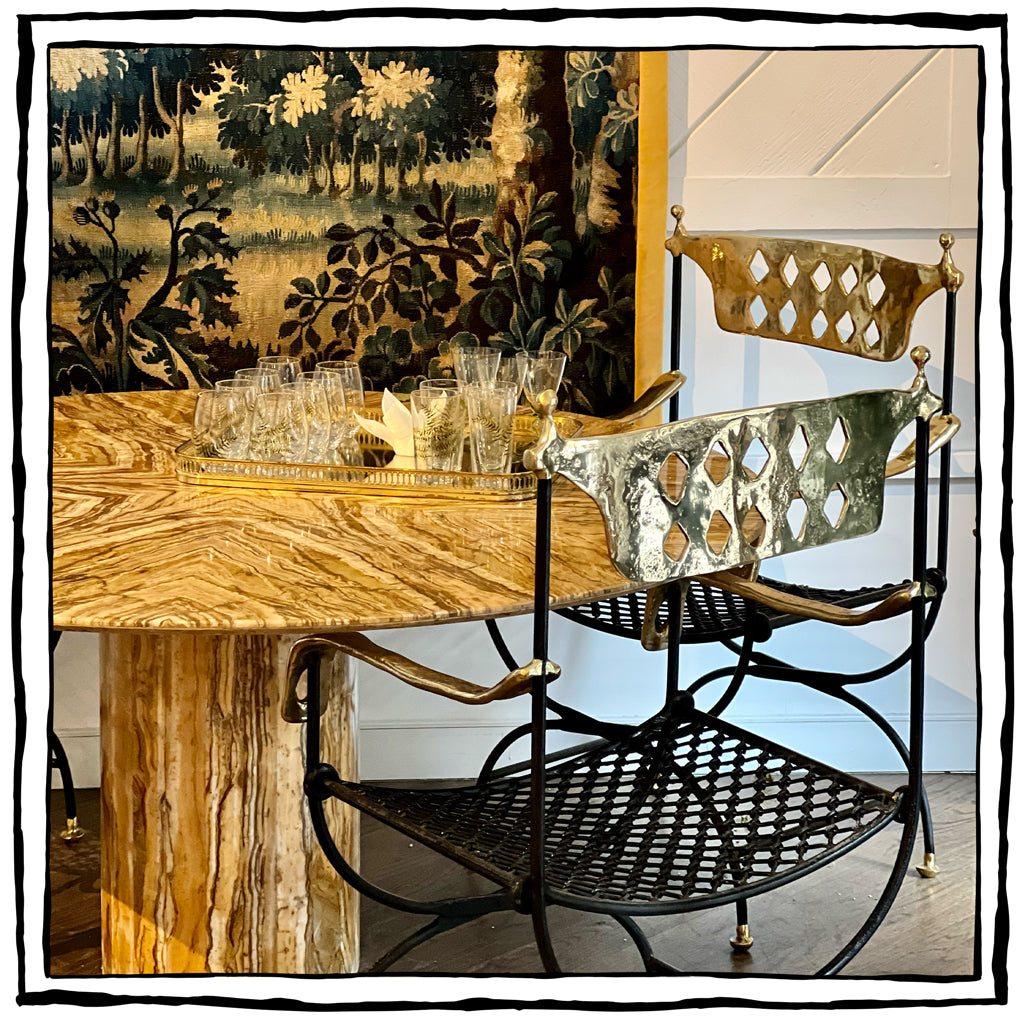 A Set of Four Exceptional Hand-Wrought Iron and Gilt Brass Chairs