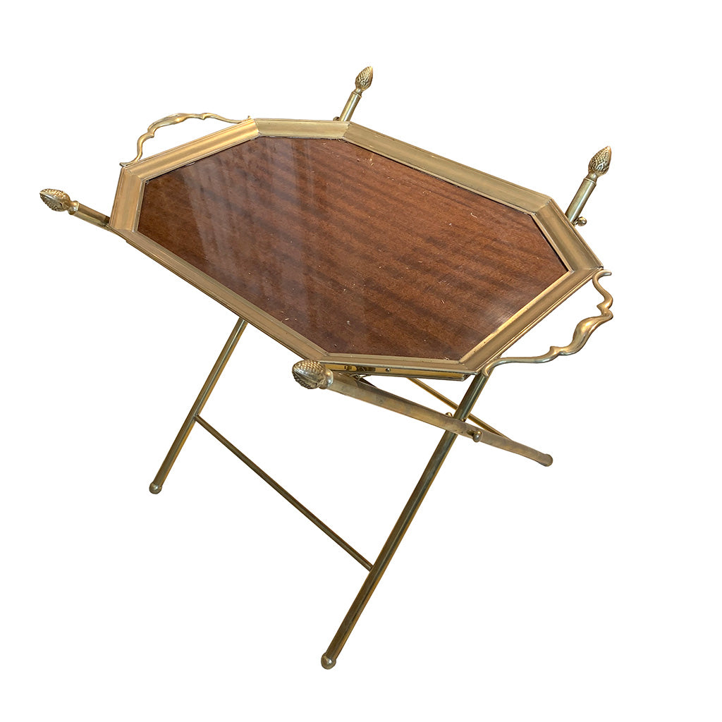 Vintage Brass and Mahogany Tray Table on a Folding Stand