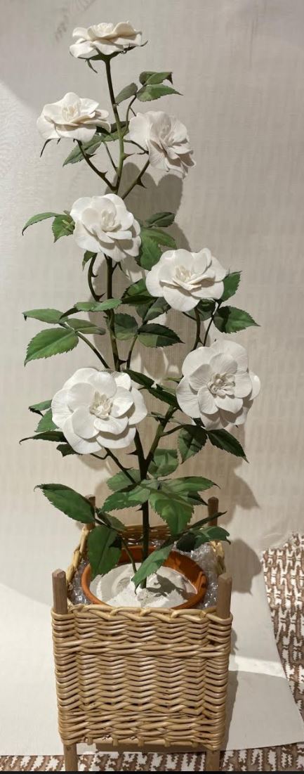 Tall White Bisque Porcelain Rosebush in Handmade Wicker Cache-Pot