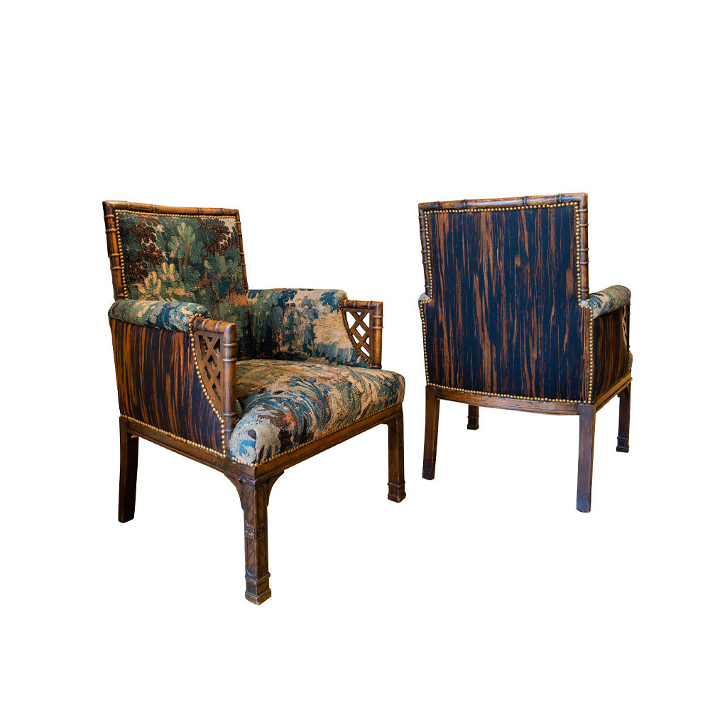 Faux-Bamboo English Bergeres with Antique Tapestry Fragments