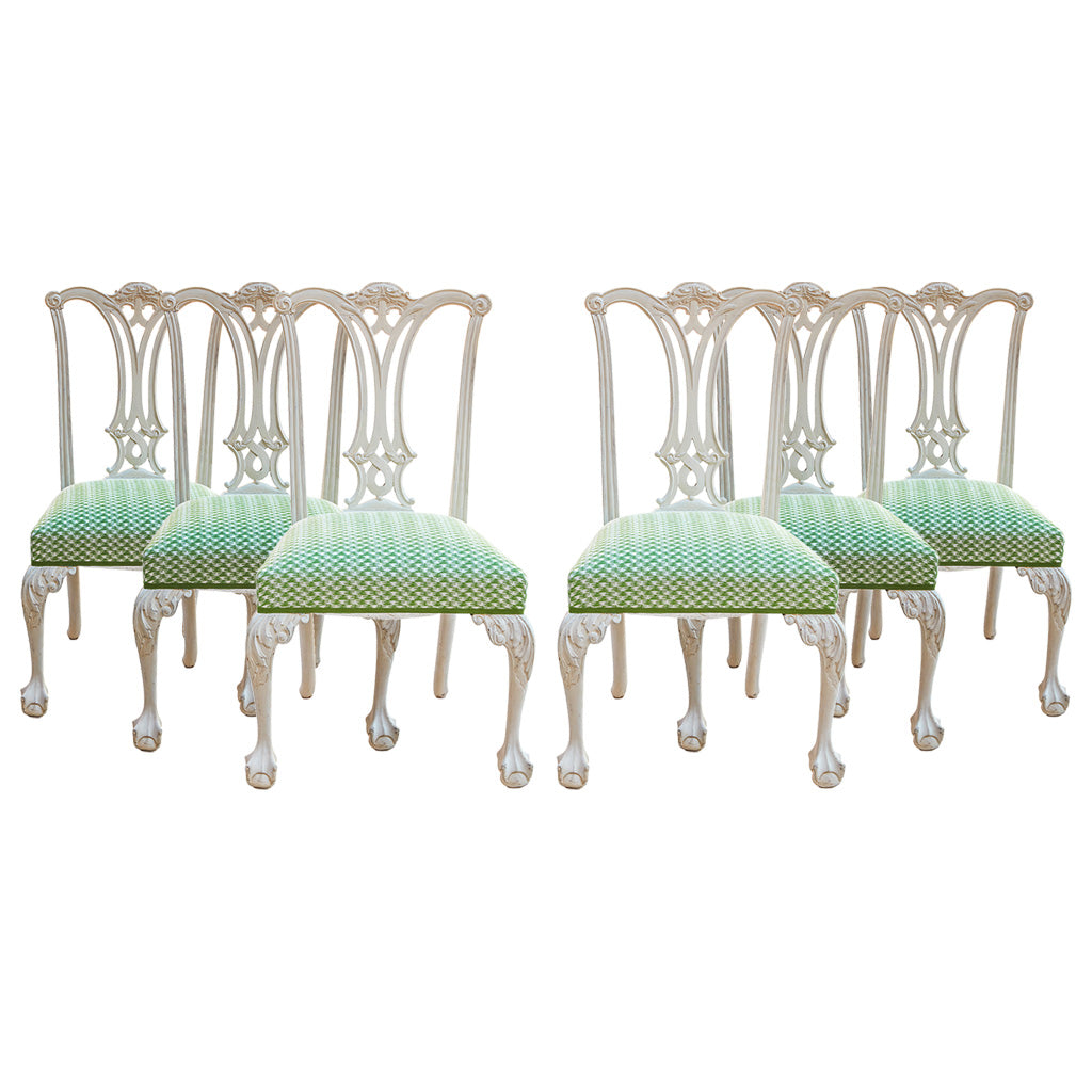 Set of Six George III Style White Painted Carved Wood Dining Chairs