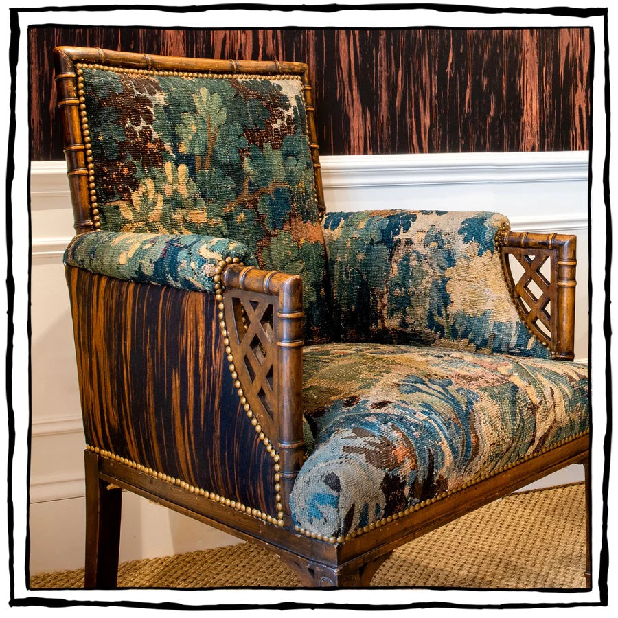 Faux-Bamboo English Bergeres with Antique Tapestry Fragments